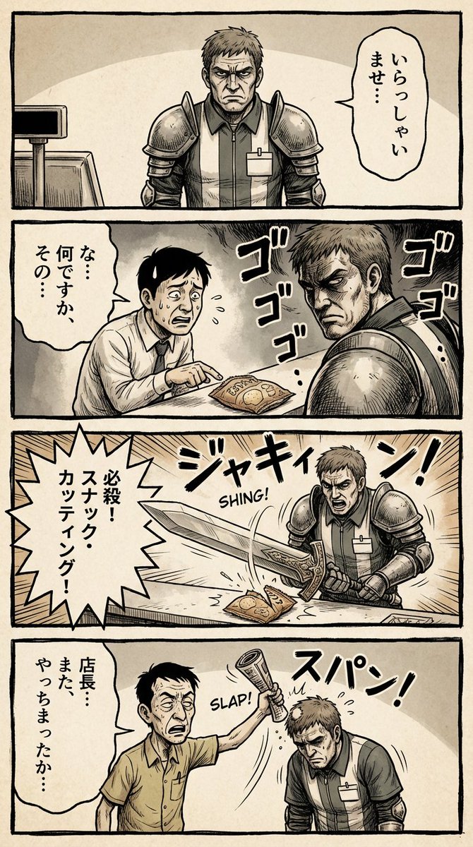 Vertical 4-panel gekiga-style manga YAML prompt 1