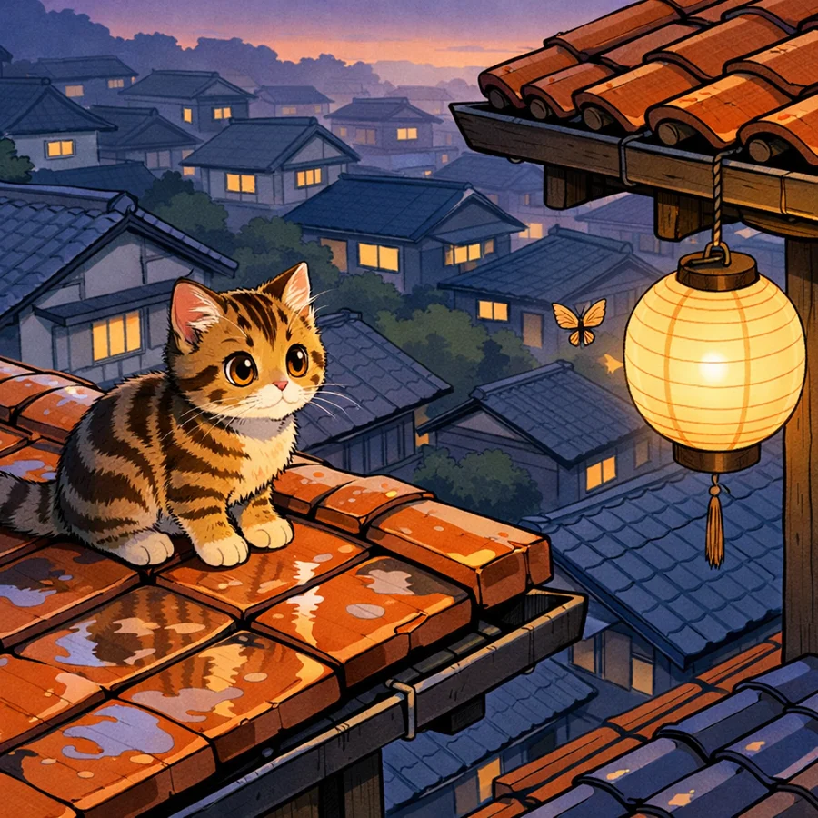 Tabby Kitten on Rain-Wet Rooftop 1