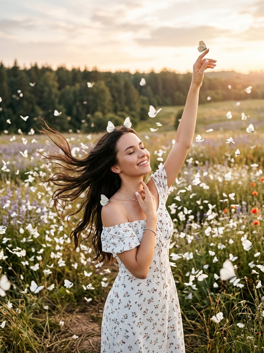 Woman with Soaring White Butterflies 1