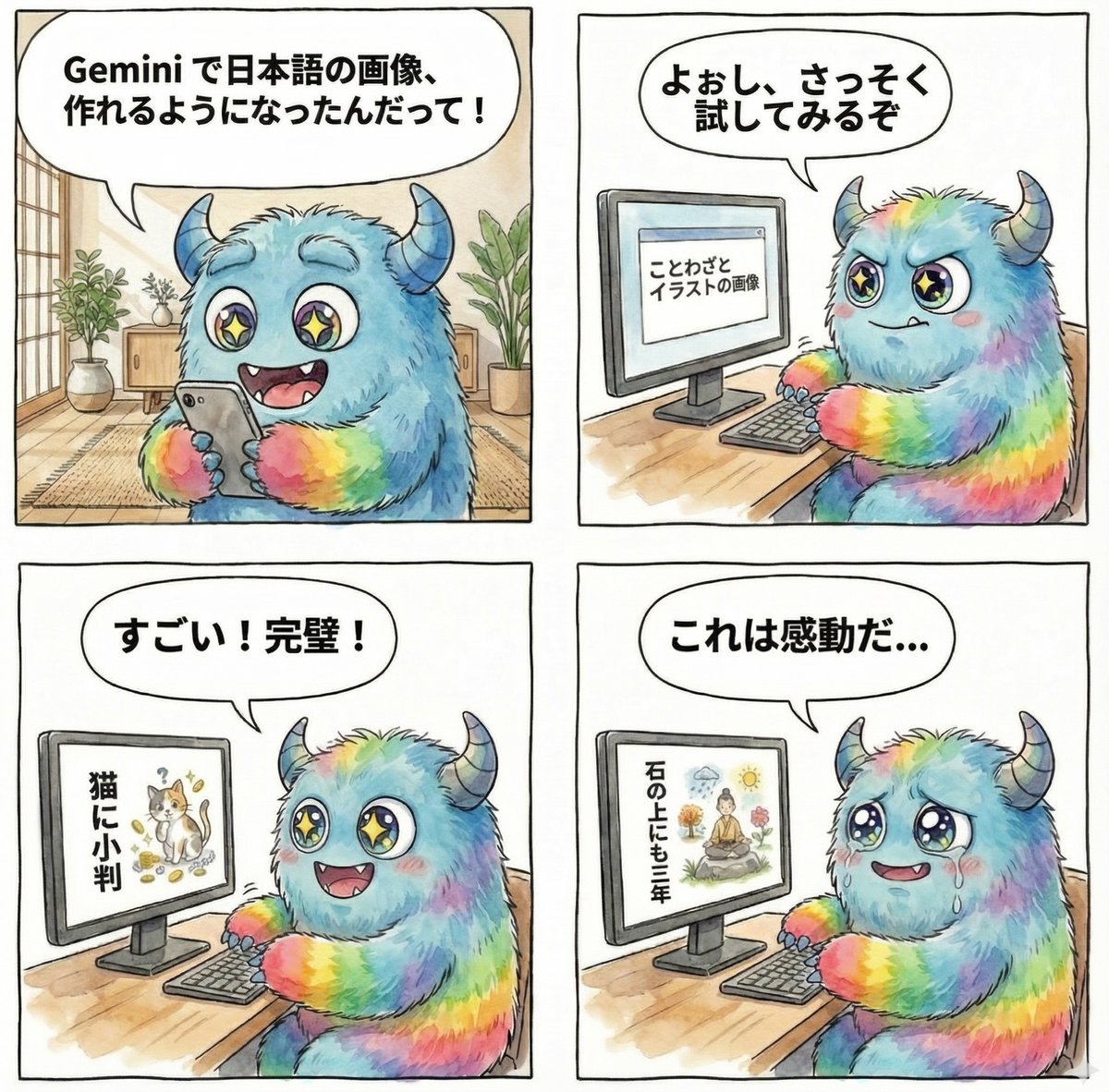 4-panel manga about Gemini generating Japanese text images 1