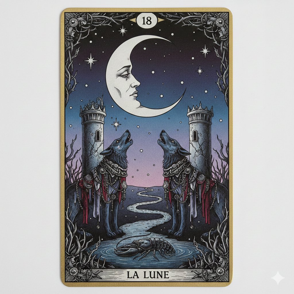 Nano Banana Pro Prompt: Tarot Card 18 (The Moon) with Mális Mizer and Pisces 4