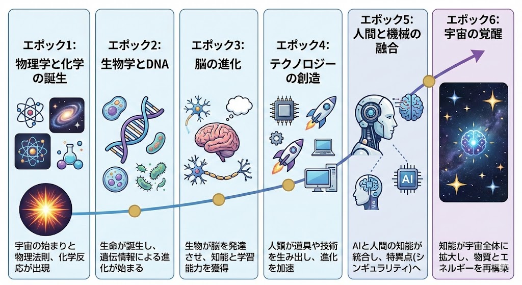 Illustration explaining Kurzweil’s six epochs in Japanese 1