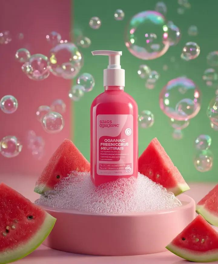 Skincare product advertisement with watermelon and bubbles 1
