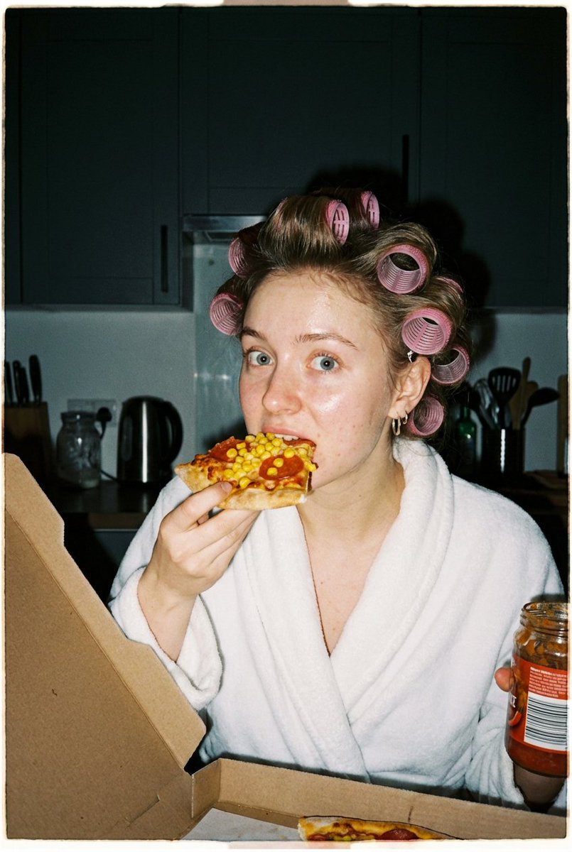 Ultra Photorealistic Candid Flash Portrait of a Woman Eating Pizza 1