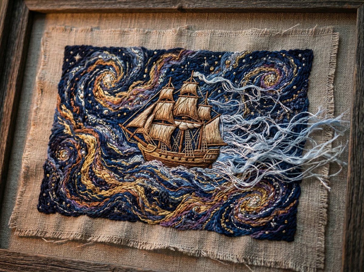 Tactile Embroidered Tapestry of a Ship in Nebulae 2
