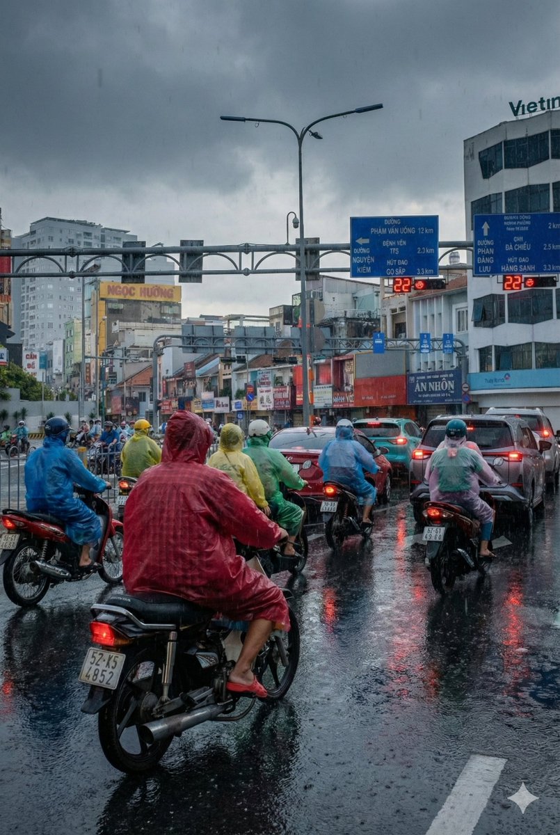 Edit city photo into rainy scene with Vietnamese bikers 3
