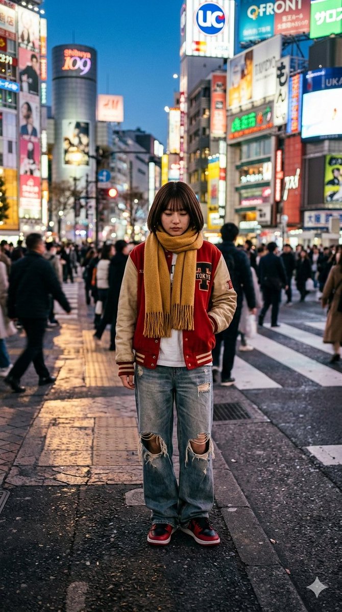 Photorealistic Street Photo Prompt: Vintage Fashion Girl in Shibuya 1