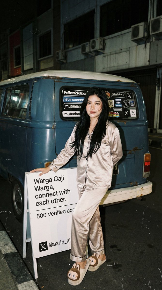 Analog 35mm Flash Photo of Woman by VW Combi Van at Night 1