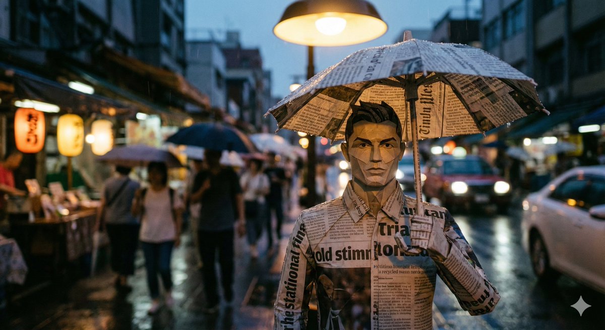 Cinematic Still-Life of Paper Celebrity Figure in Rain 2