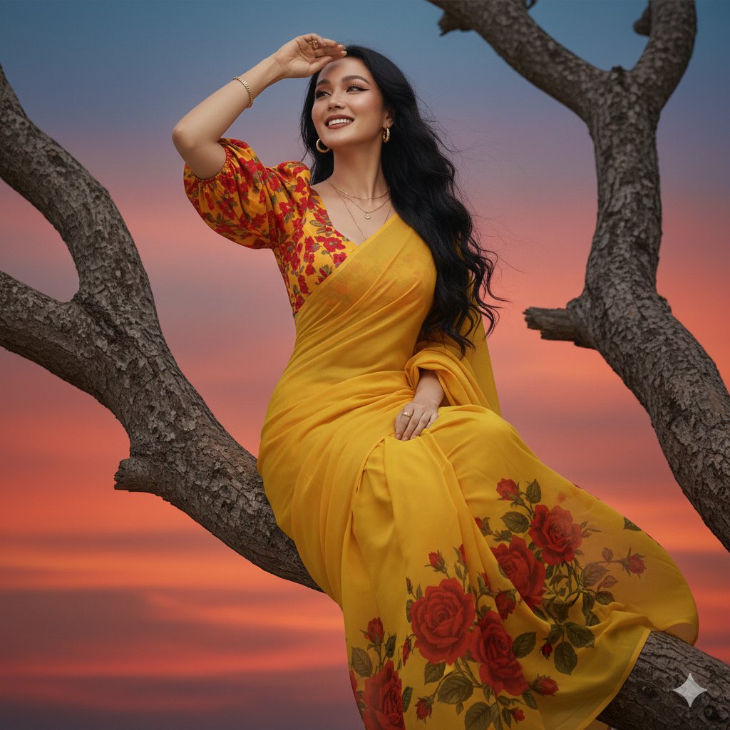 Hyper-Realistic Portrait of Woman in Saree on Tree Branch 1