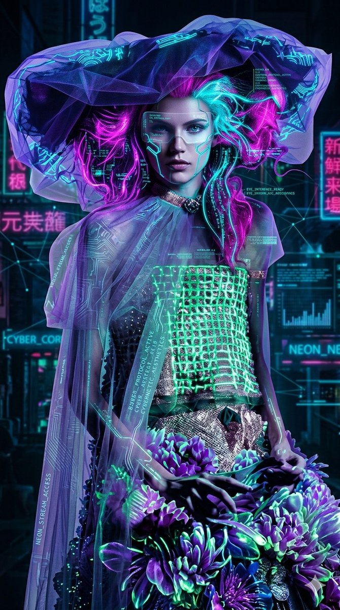 Cyberpunk Neon Floral Portrait 1
