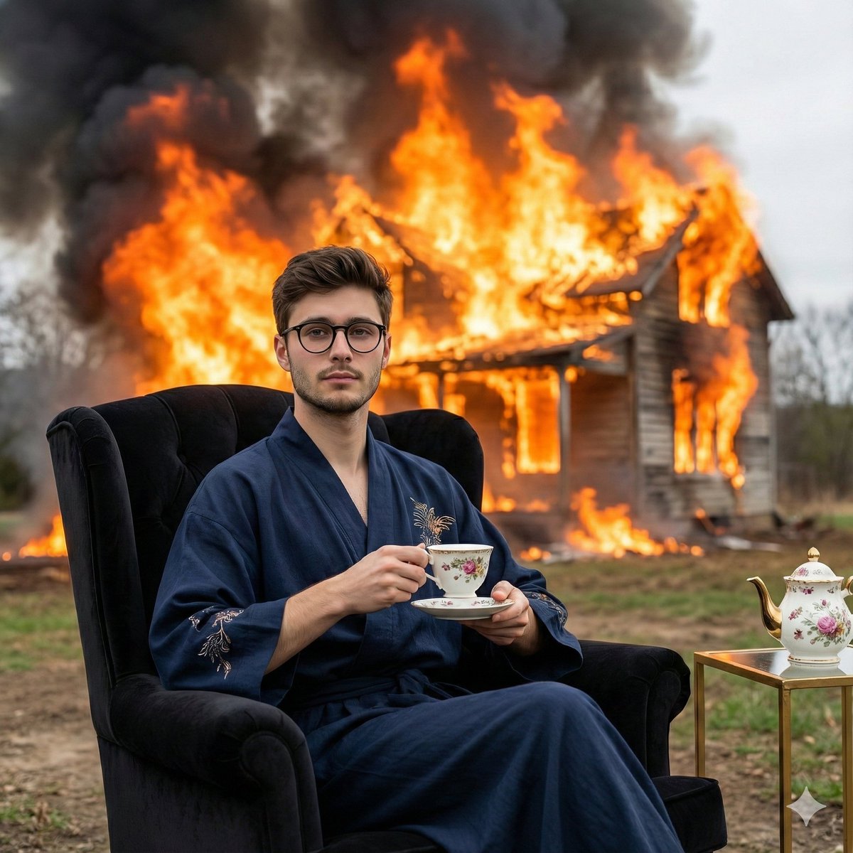 Documentary-Style Photo of Man in Robe with Burning Farmhouse 1