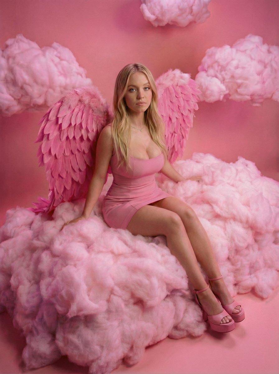 Sydney Sweeney with Pink Feathered Wings in Studio 4