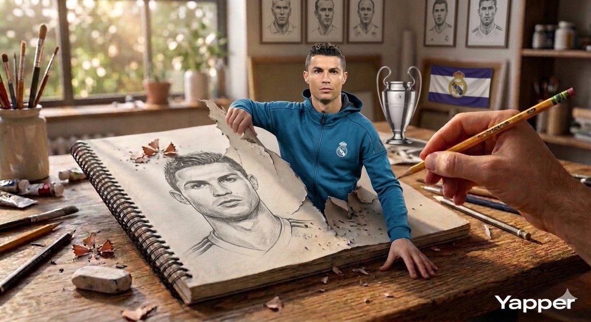 Surreal 3D Art of Messi and Ronaldo Emerging from a Sketchbook 1