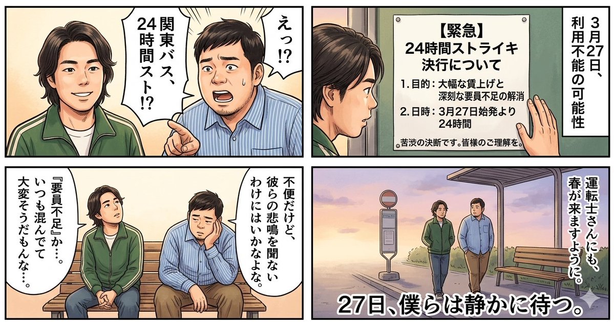 Four-Panel Manga Generation: The Day Our Bus Stops 1