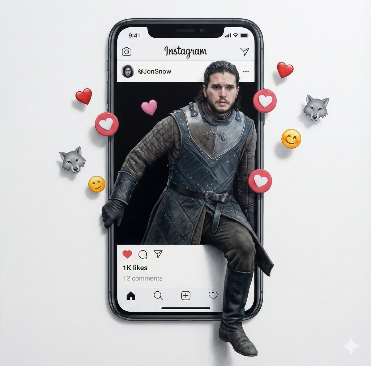 Trompe l'oeil subject stepping out of social media screen 1