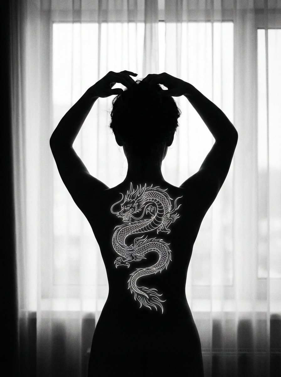 Fine-Art Silhouette with Glowing Dragon Tattoo 1