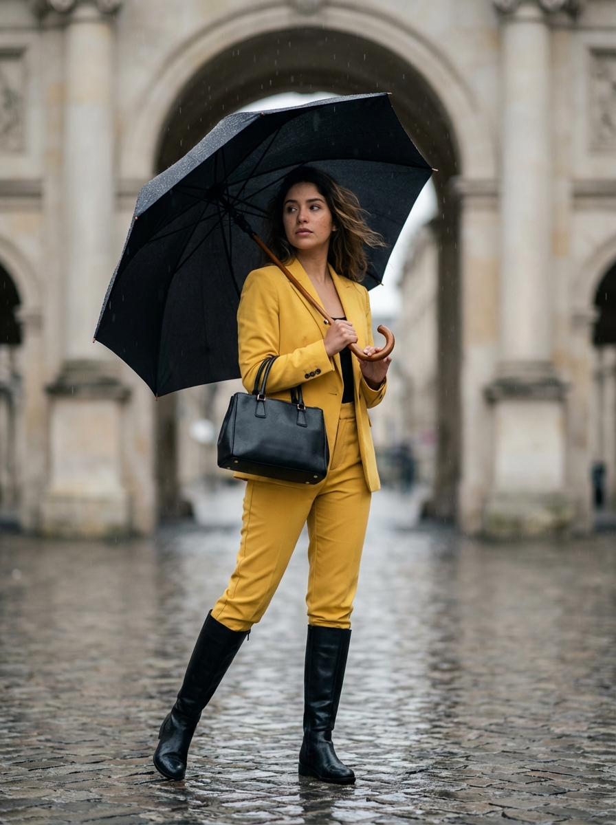 Rainy Day Yellow Power Suit Editorial Prompt 2