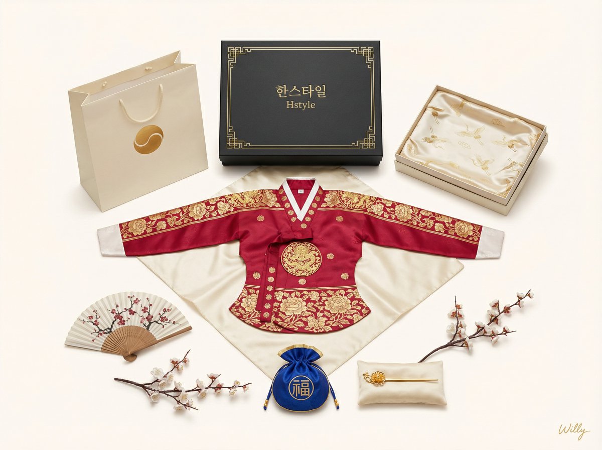 Luxury Korean Hanbok Product Mockup (Symmetrical Flat Lay) 1