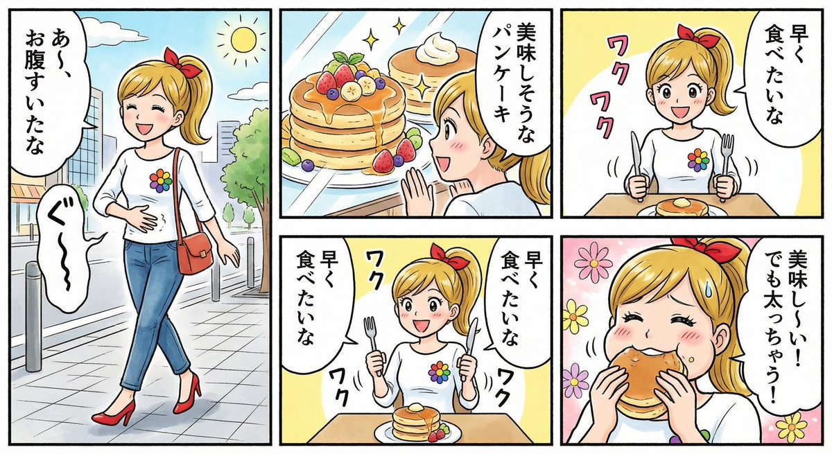 Four-panel manga about a hungry woman and pancakes 1