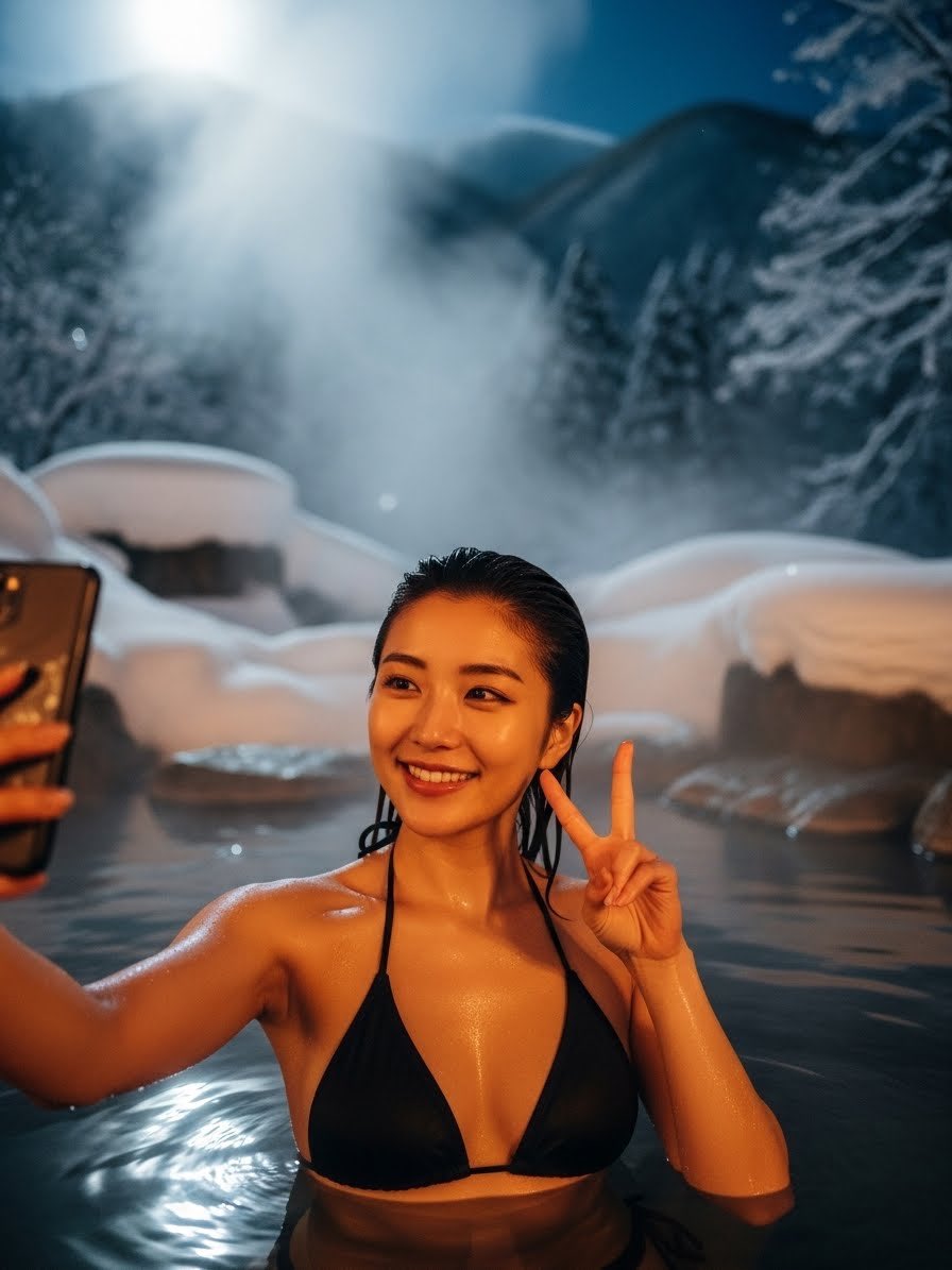 Photorealistic Japanese Female Influencer in Hot Spring 2