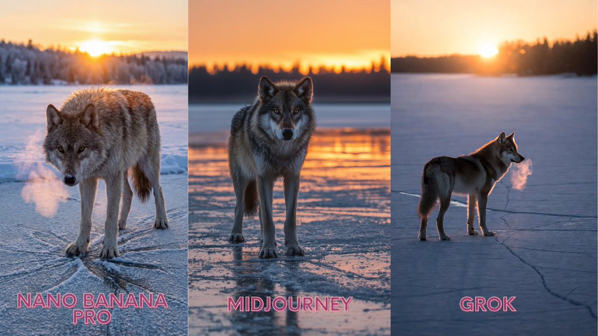 Lone Grey Wolf on Frozen Lake at Dawn 1