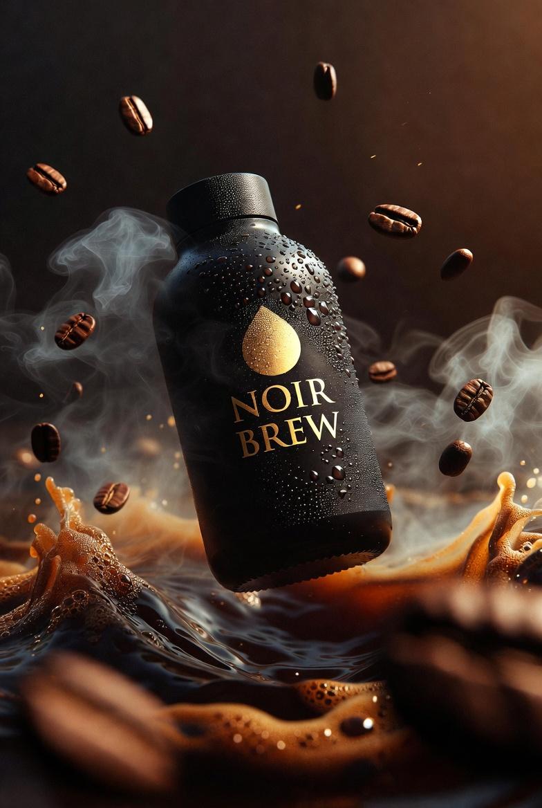 Ultra-Cinematic Product Photography of 'NOIR BREW' Coffee Bottle 1