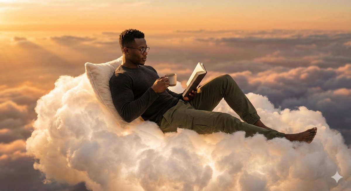 Person relaxing on glowing cloud above the sky 2