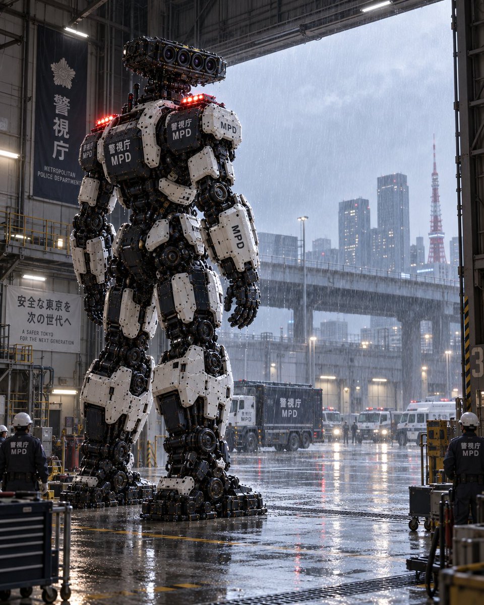 YouTube Thumbnail - Giant MPD Robot in Rainy Hangar 1