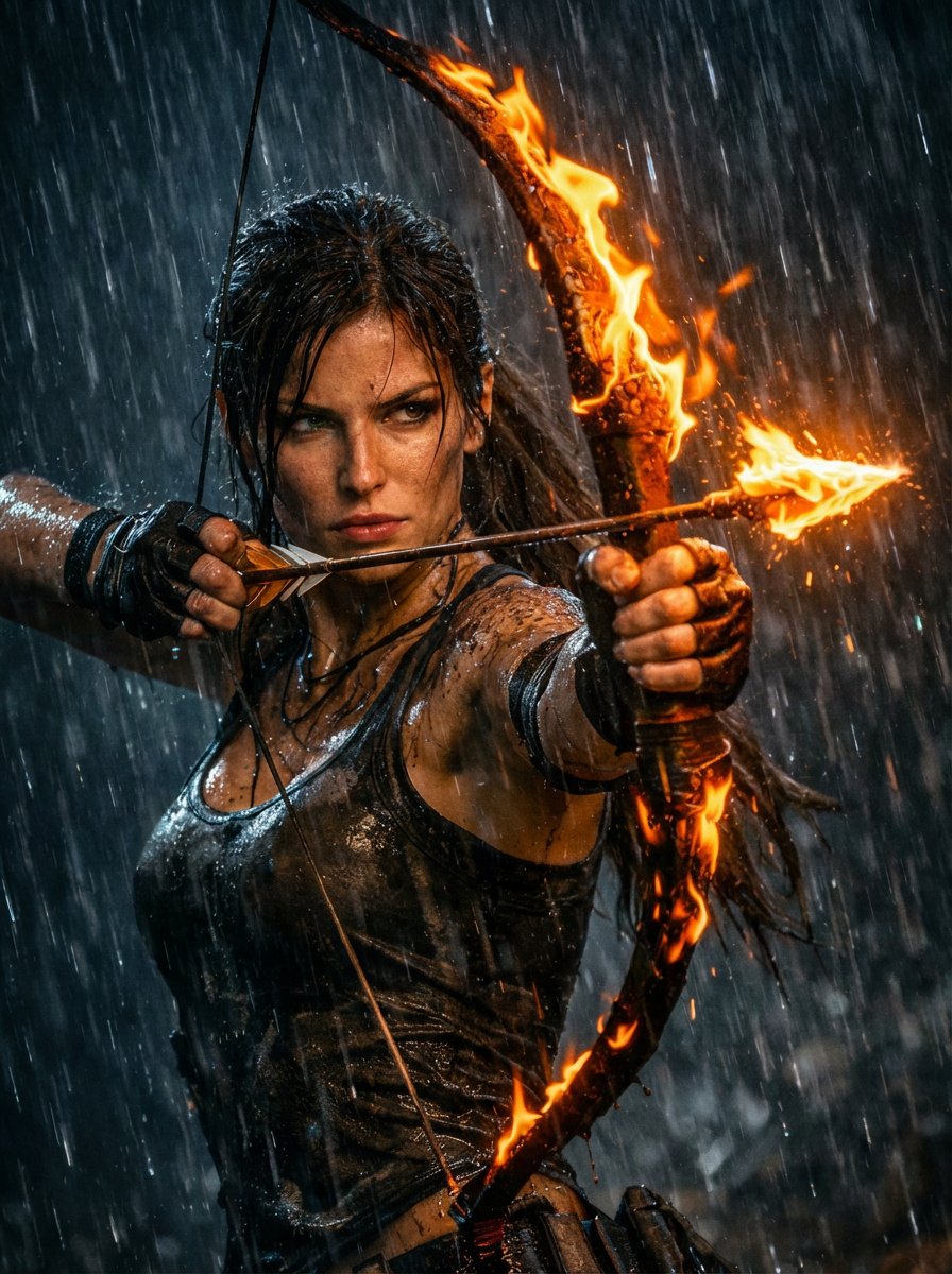 Lara Croft with Fiery Bow in Heavy Downpour 1