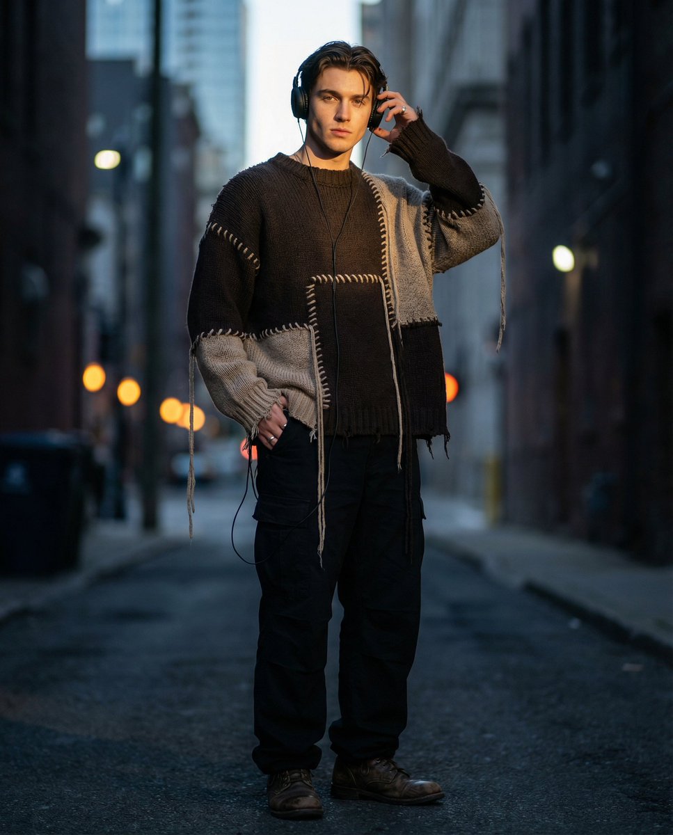 Editorial Street Fashion Portrait with Patchwork Knitwear 1