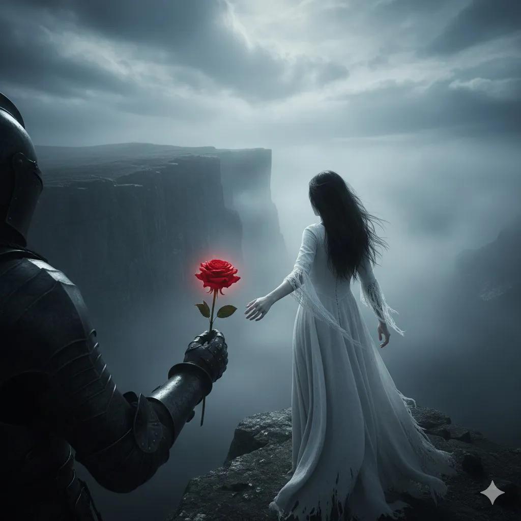 Haunting Cinematic Cliff Scene with Red Rose 1