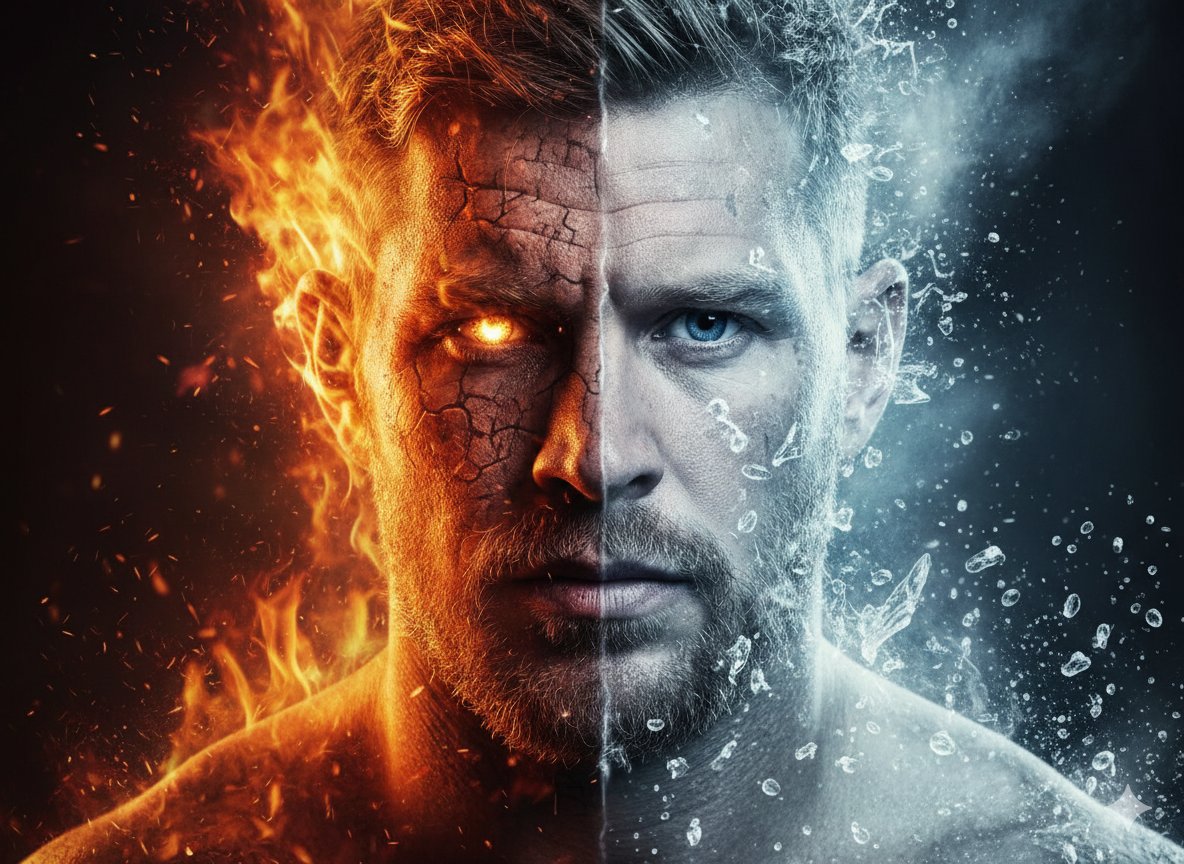 Hyperrealistic Portrait Split by Fire and Ice 1