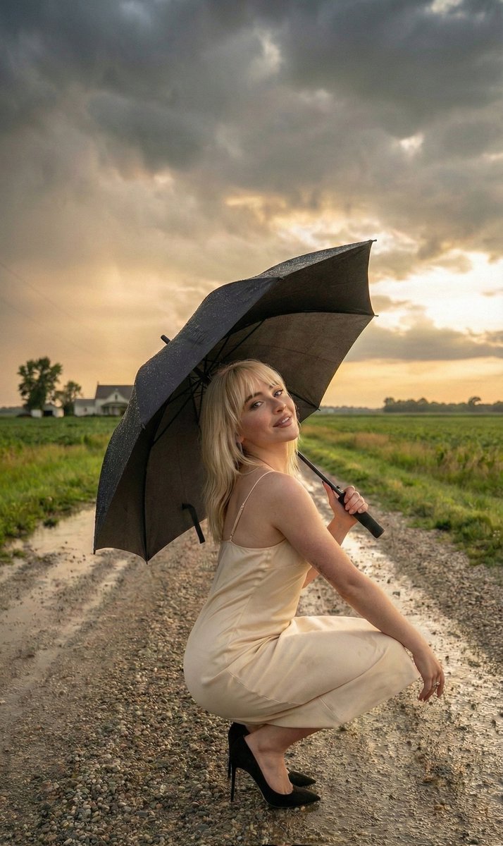 Cinematic Portrait of Sabrina Carpenter in a Stormy Rural Setting 1
