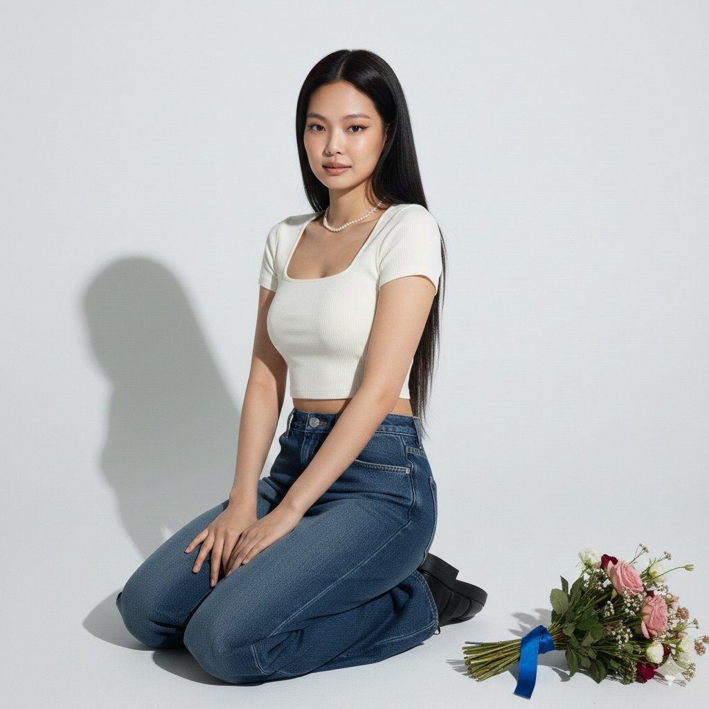 Hyper-realistic portrait of Jennie Kim in a minimalist studio setting 2