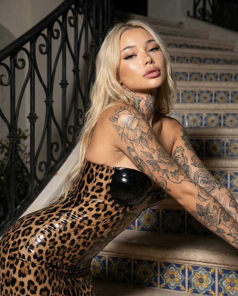 Glamorous Blonde Woman in Leopard Latex with Floral Tattoos 1