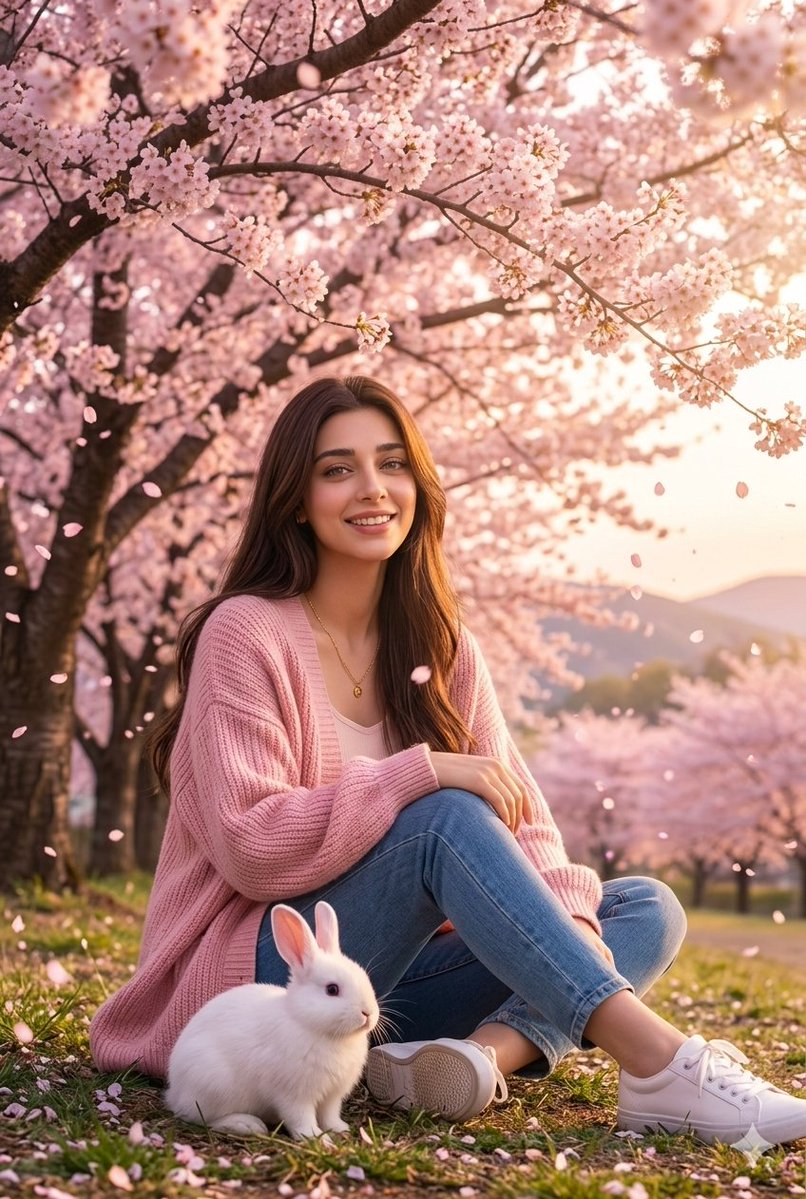 Woman with Rabbit in Cherry Blossom Garden 1