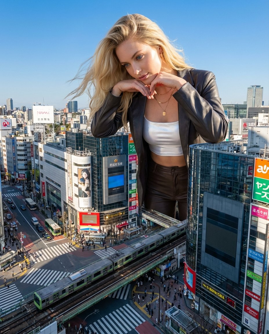 Surreal Giant Woman at Shibuya Crossing Prompt 1