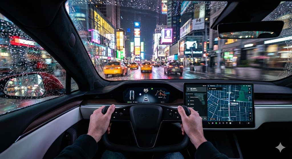 Cinematic First-Person Tesla Drive in Rain-Soaked Manhattan 1