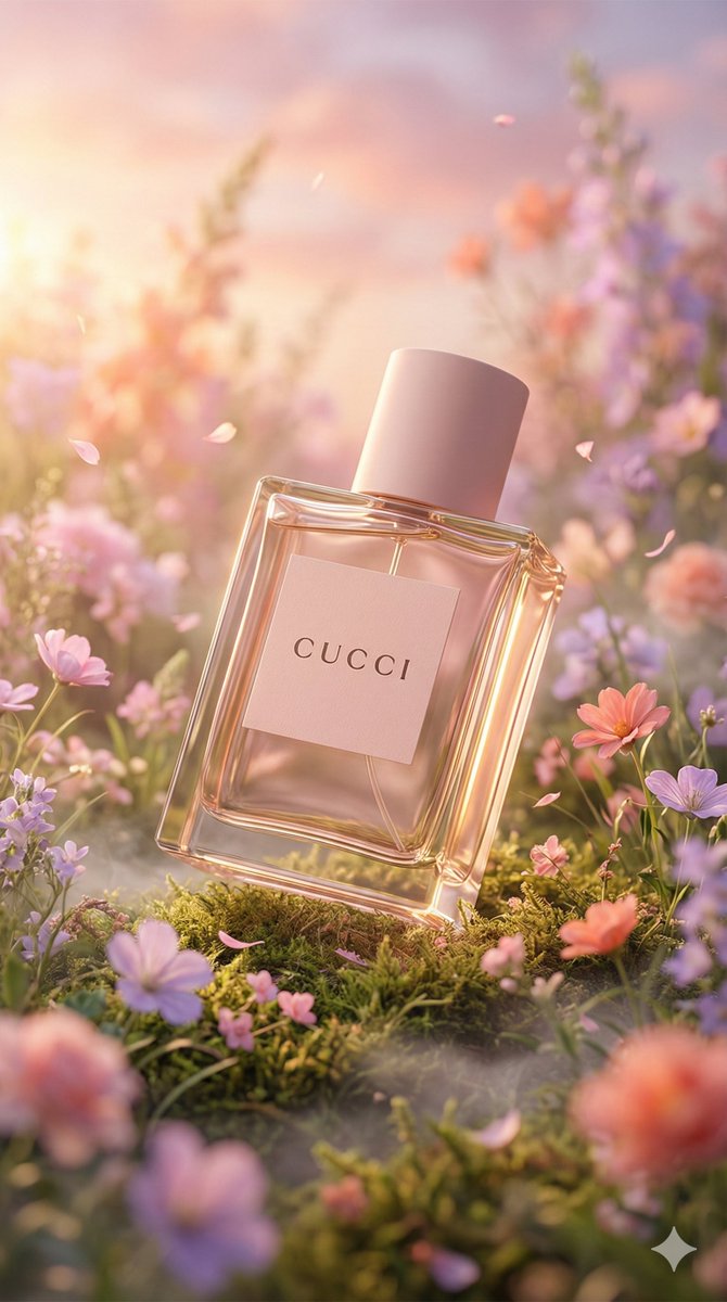 Hyper-realistic luxury perfume product shot in fantasy meadow 2