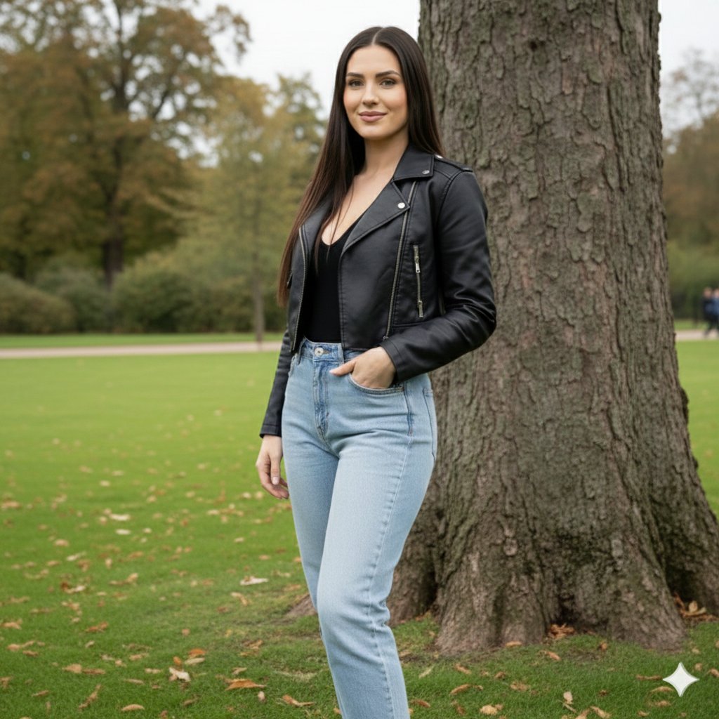 Hyper-detailed 4K portrait of a female model in a black leather jacket and jeans sitting on park grass 2
