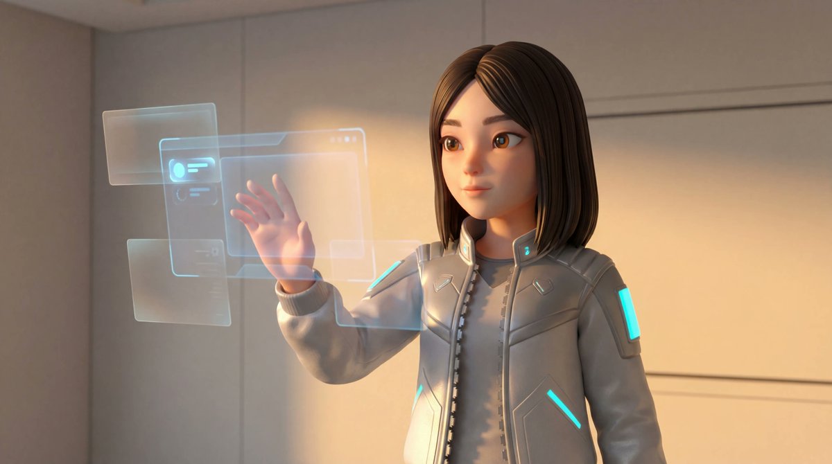 Medium Shot of Character Interacting with Floating Interface 3