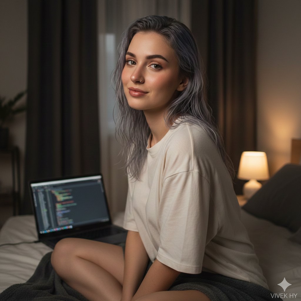 Cozy Bedroom Portrait with Code Editor Prompt 1
