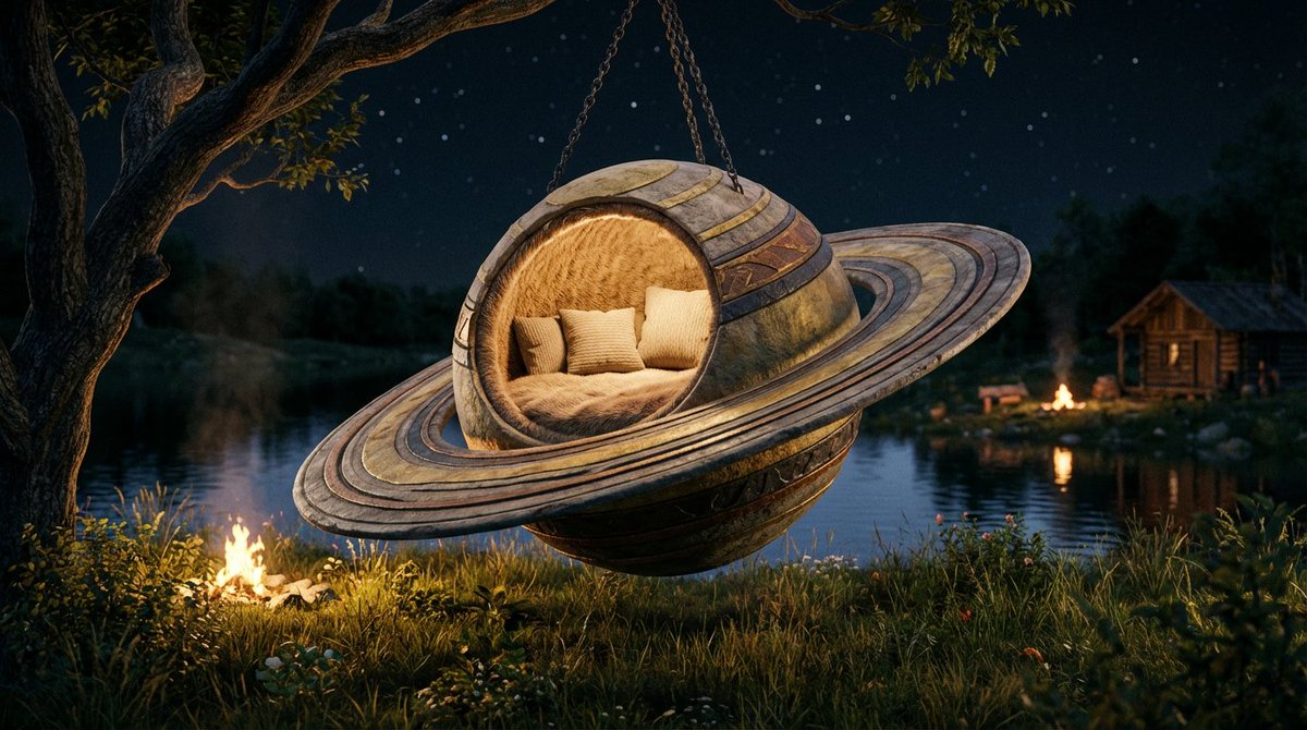 Cinematic lakeside hanging chair concept prompt with space object theme 2