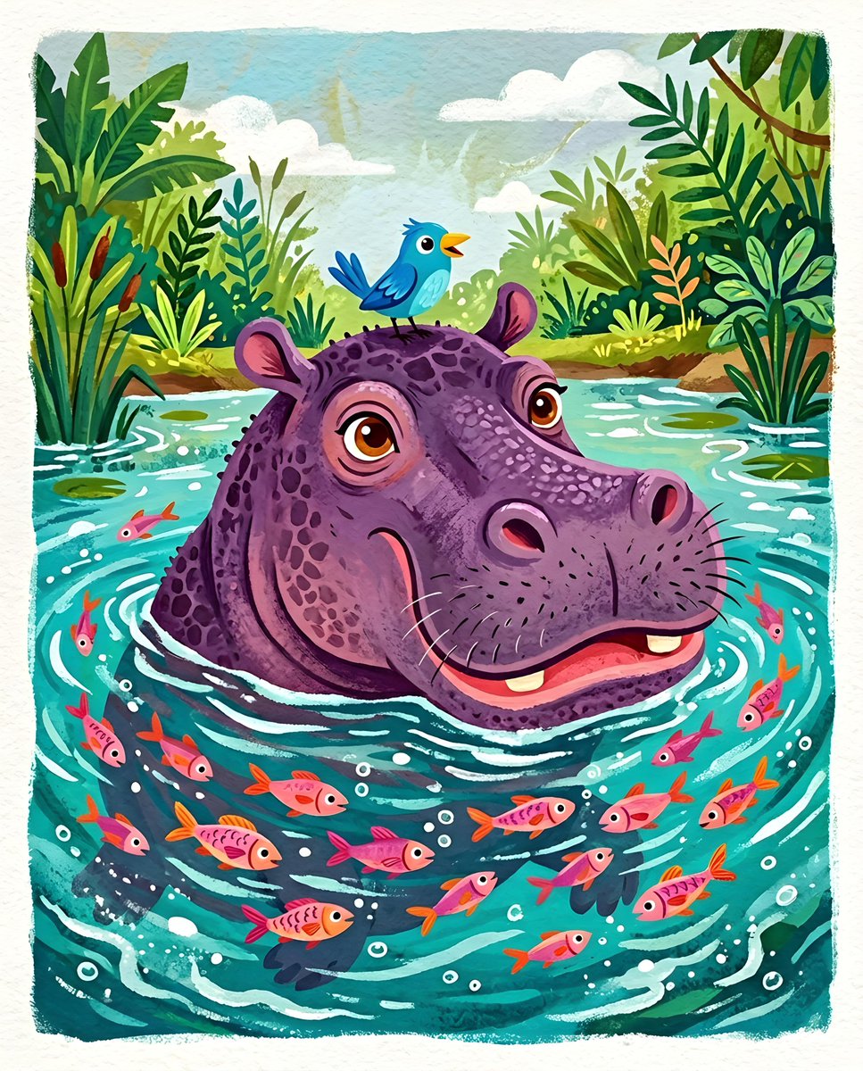 Whimsical Purple Hippo Illustration 1