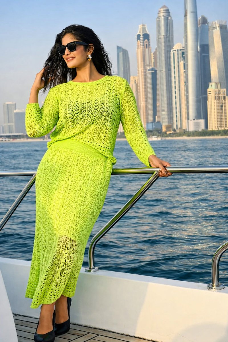 Lifestyle Portrait on Yacht in Neon Green Knitwear 2