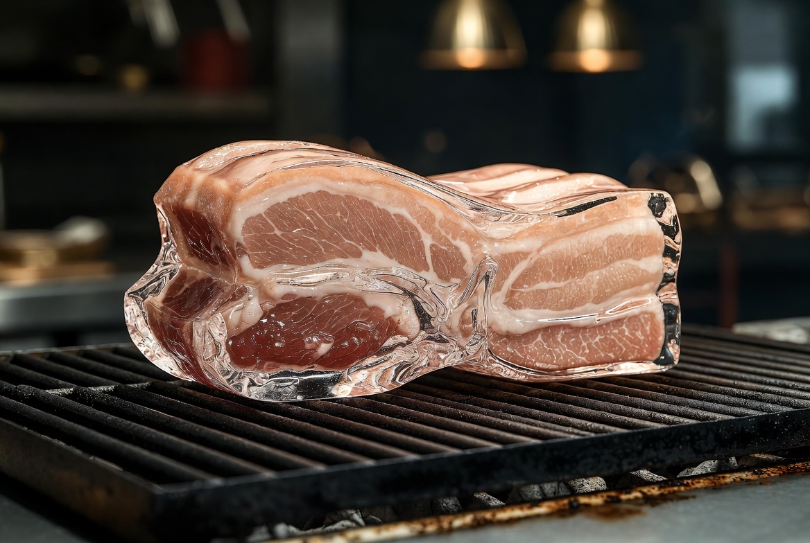 Hyperrealistic glass pork belly on a grill 1