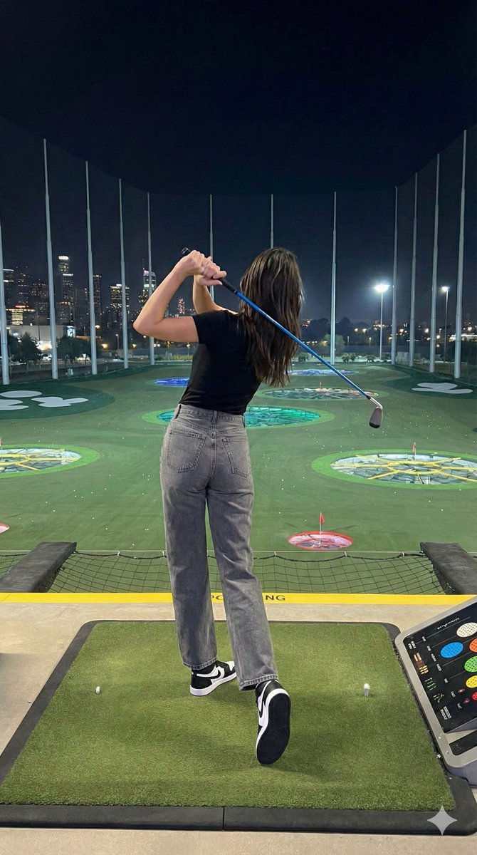 Fashion editorial of Kendall Jenner at a luxury night golf range 4