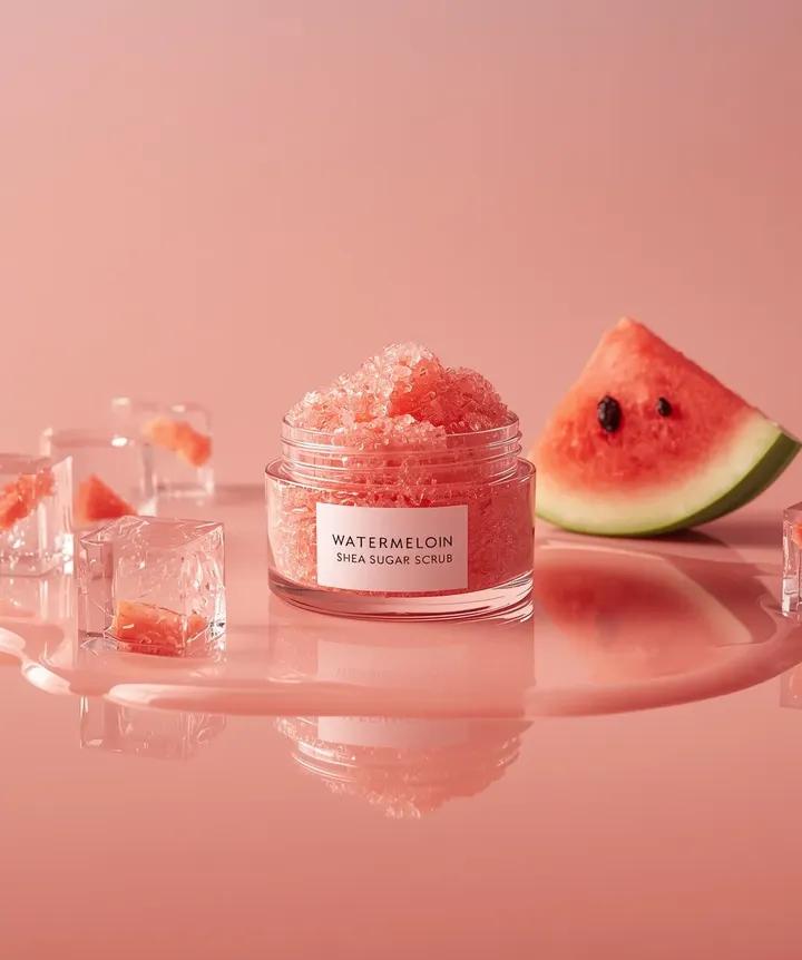 Hyper-photorealistic cosmetic skincare jar product shot with watermelon and ice cubes 4