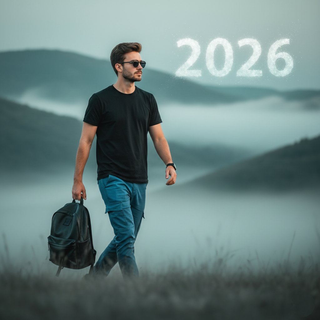 Stylish Person in Cargo Pants Against Ethereal Landscape 1